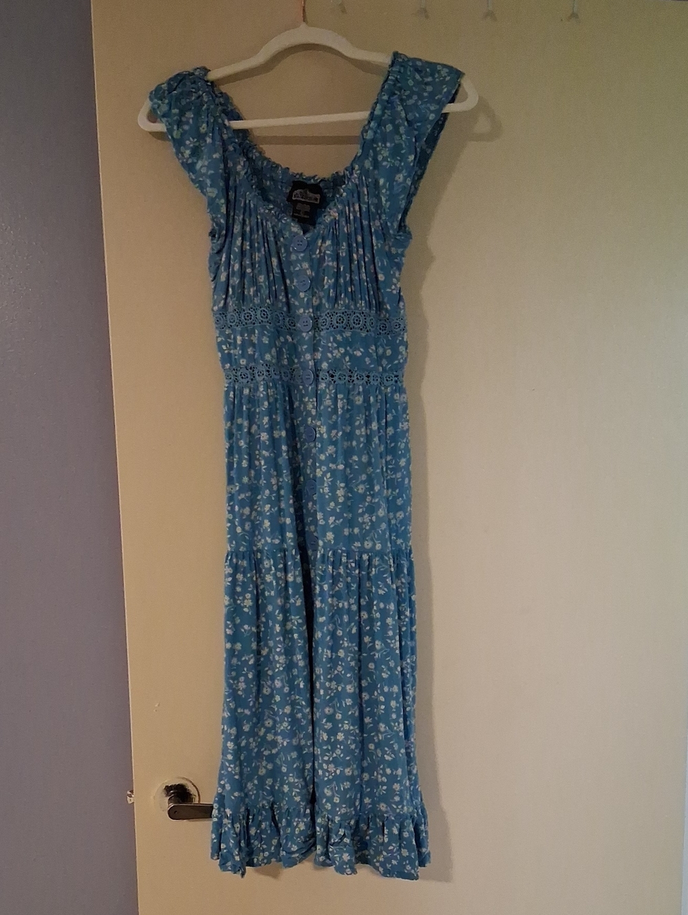Angie Blue Floral Maxi Dress with Ruffle Hem and Smocked Waist